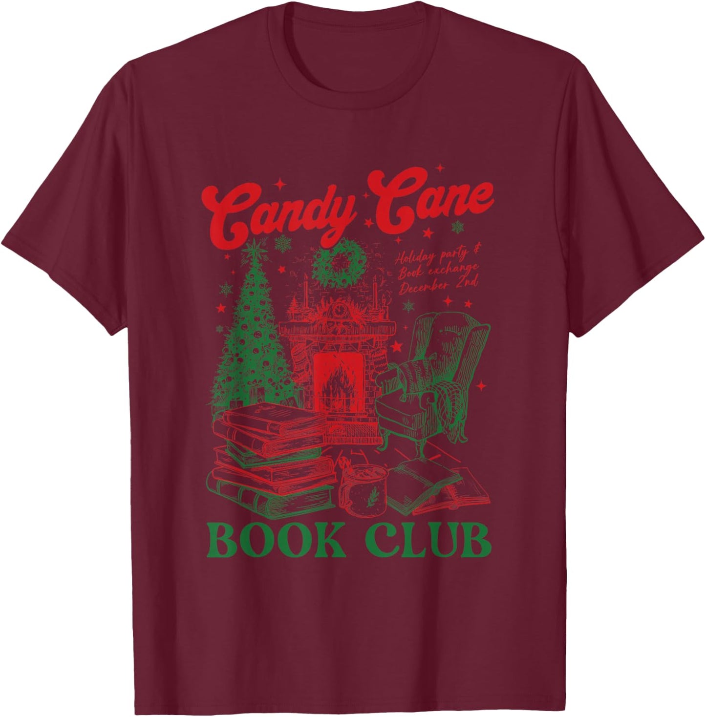Bookish Christmas Candy Cane Book Club Book Love Winter T-Shirt - T-Shirt | Maroon