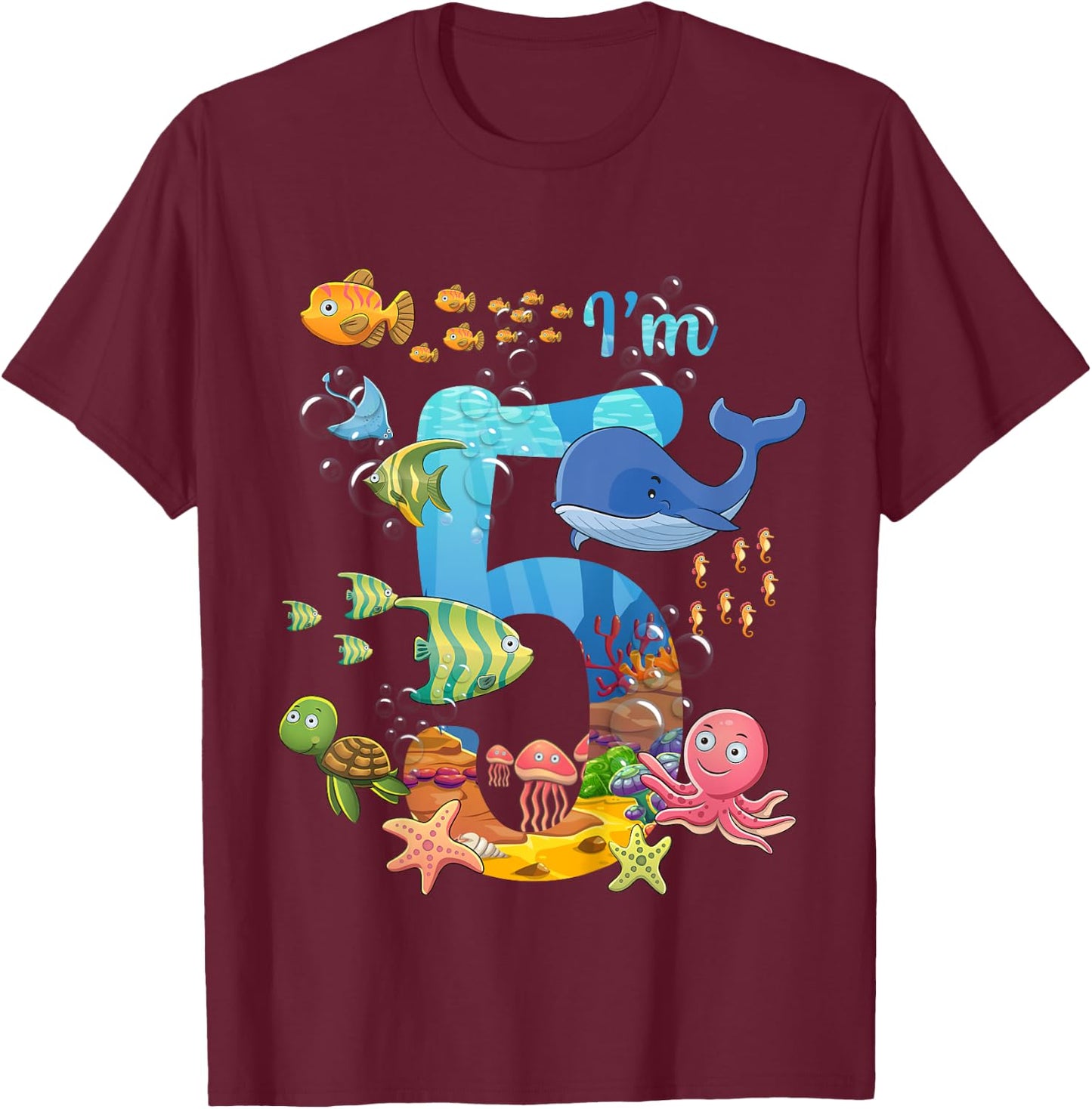 Kids 5 Years Old Whale Fish Ocean Theme 5th Birthday Boy Girl , black T-Shirt - T-Shirt | Maroon