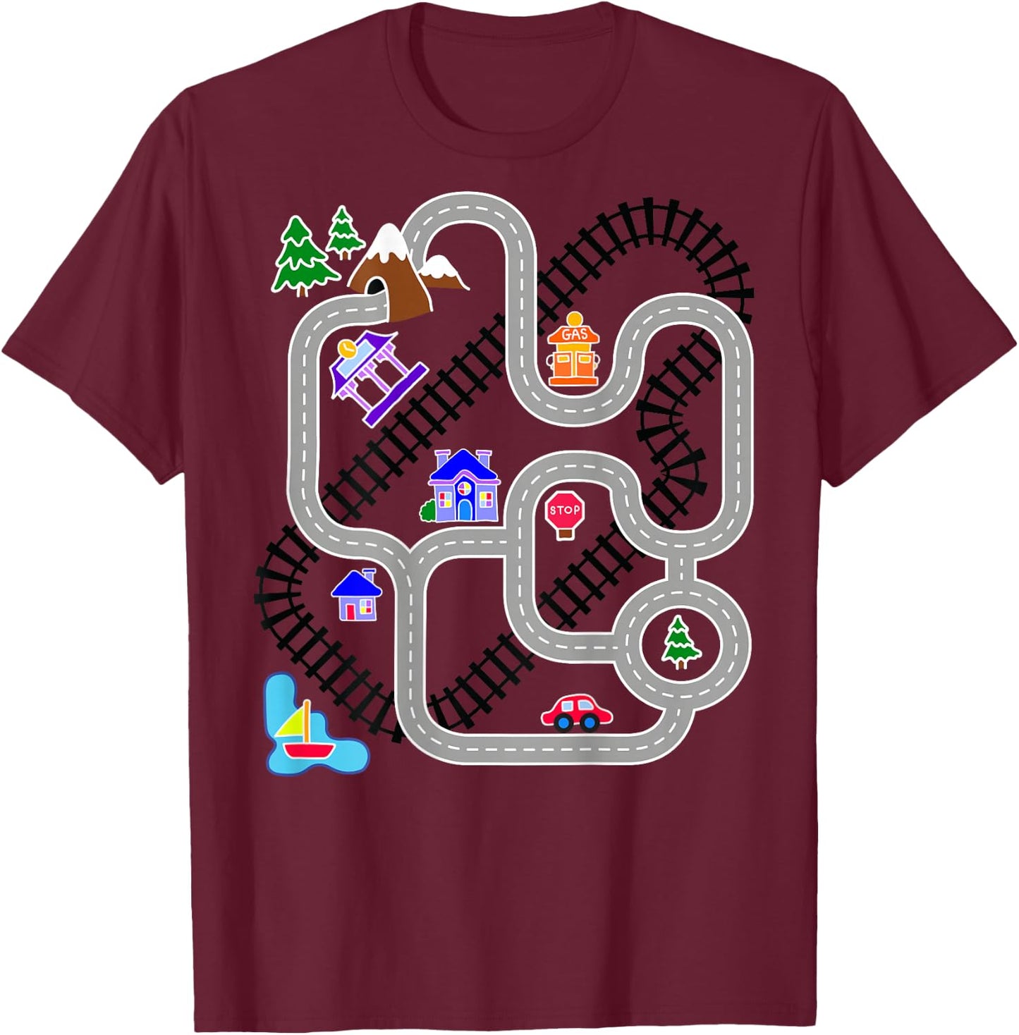 Novelty Gifts for Fathers Day, Car & Train Playmat Rug T-Shirt - T-Shirt | Maroon