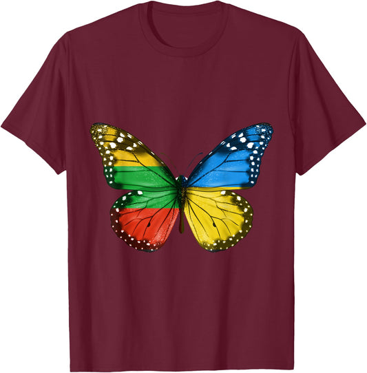 Lithuanian Ukrainian Flag Butterfly Lithuania Ukraine T-Shirt - T-Shirt | Maroon
