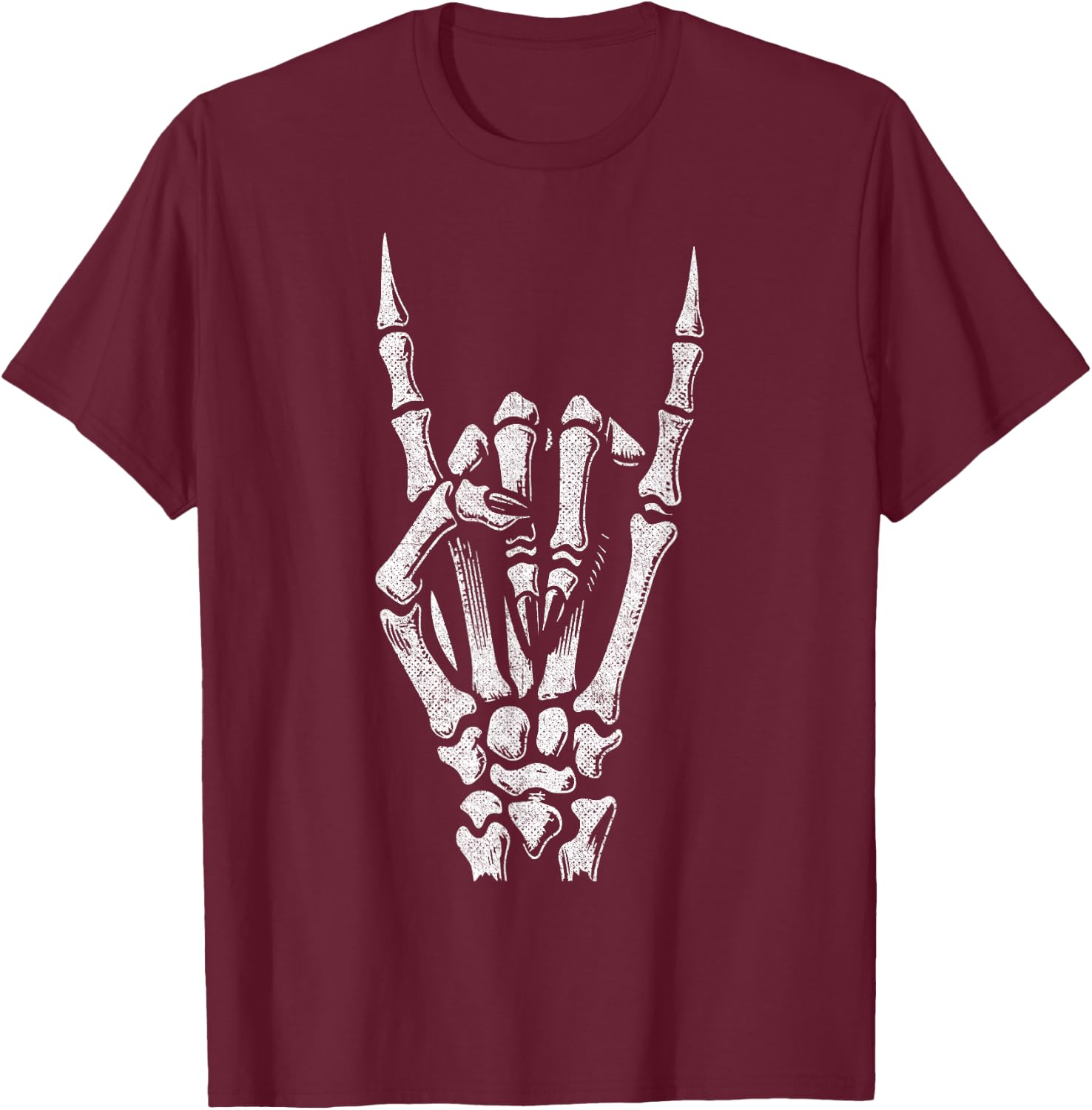 Skeleton Hand Rock Sign Gothic Devil Horns Graphic Halloween T-Shirt - T-Shirt | Maroon