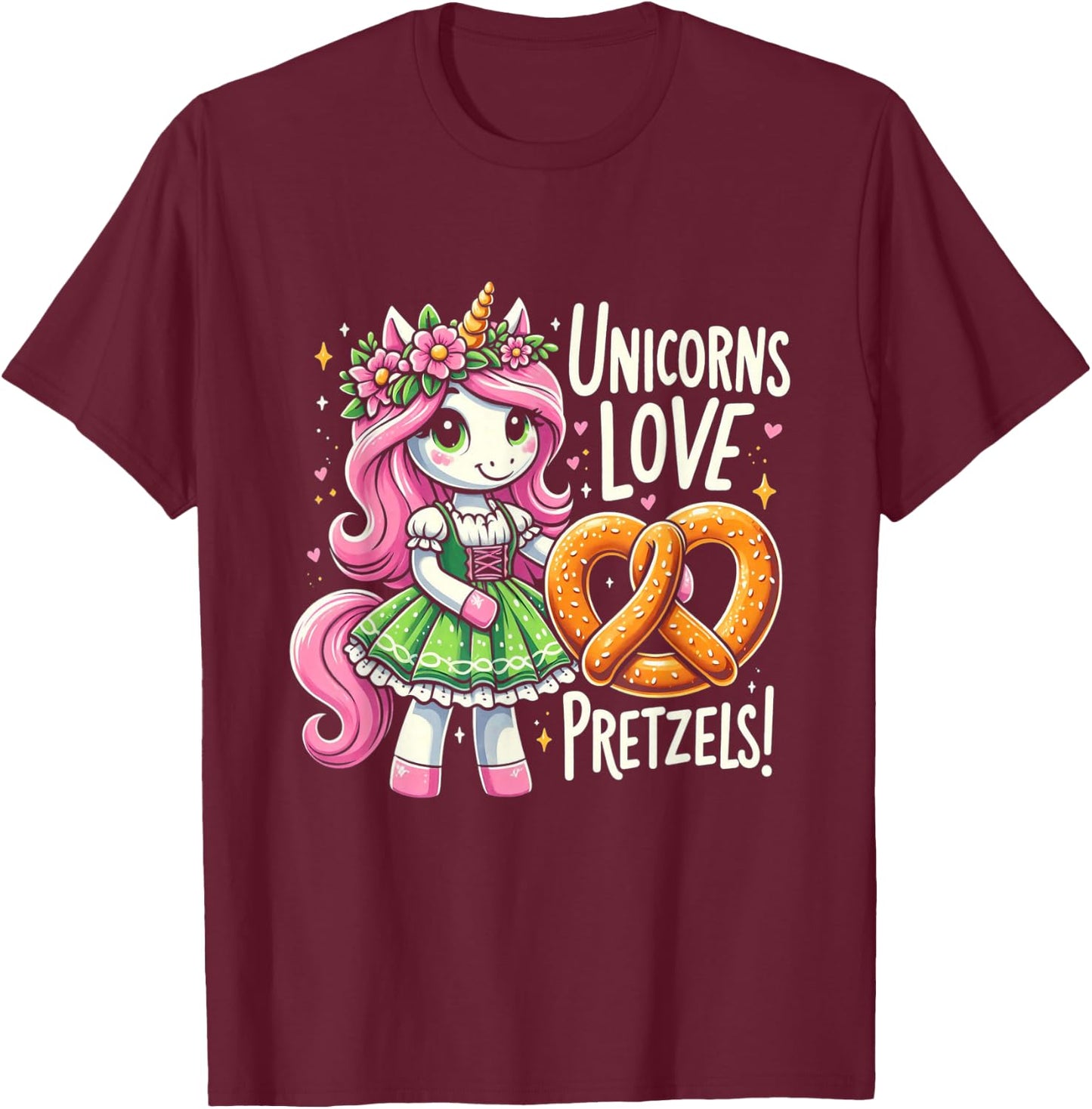 German Drindl Unicorn Love Pretzels Funny Oktoberfest Kids T-Shirt - T-Shirt | Maroon