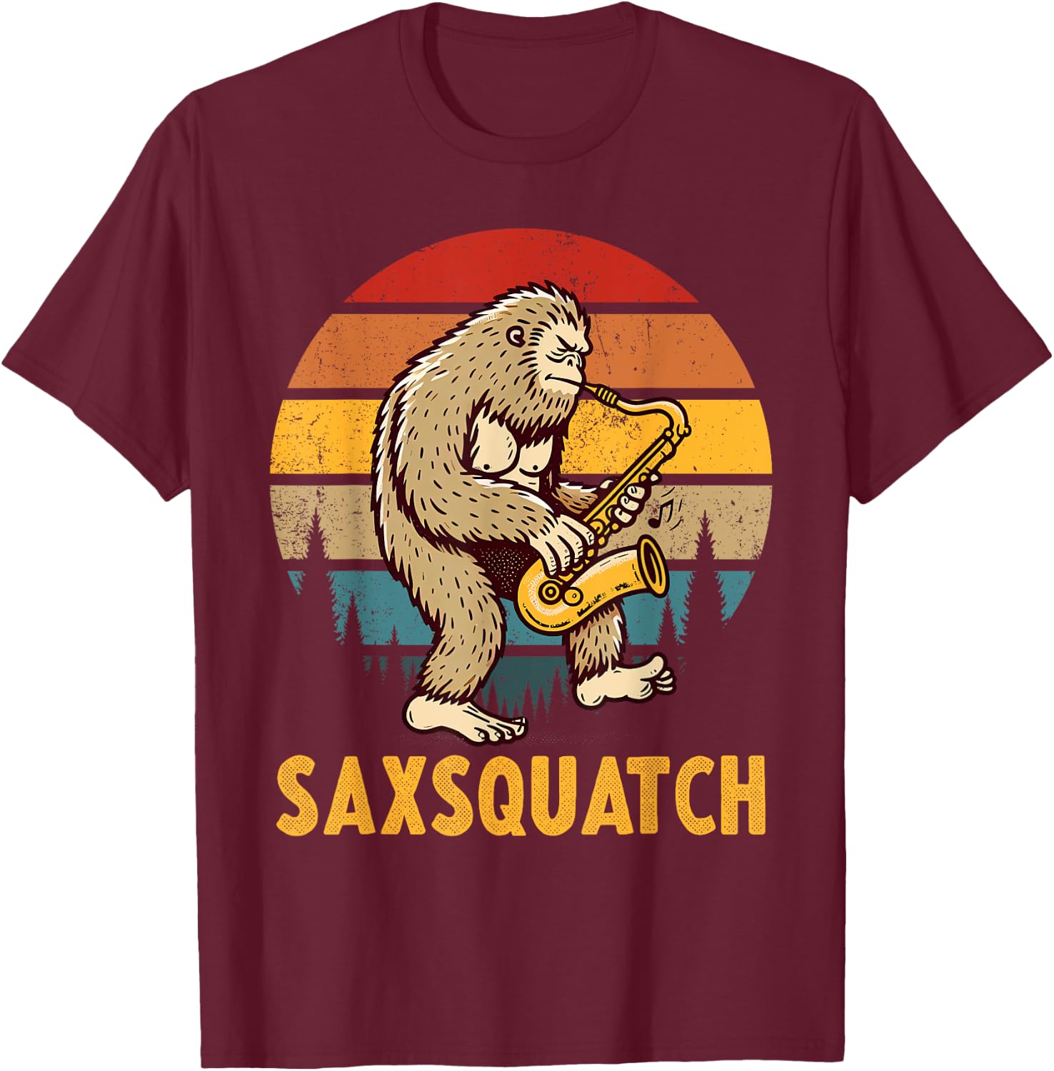 Funny Bigfoot Saxophone Player Marching Band Saxsquatch T-Shirt - T-Shirt | Maroon
