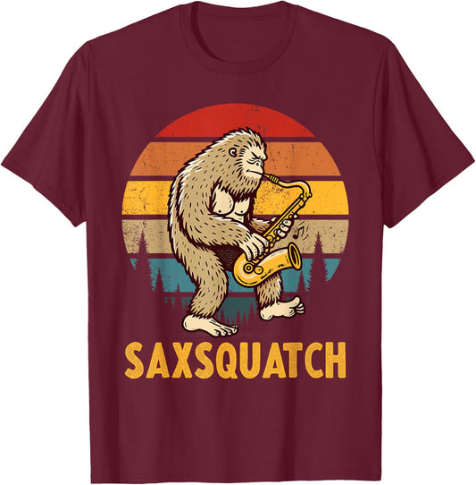 Funny Bigfoot Saxophone Player Marching Band Saxsquatch T-Shirt - T-Shirt | Maroon