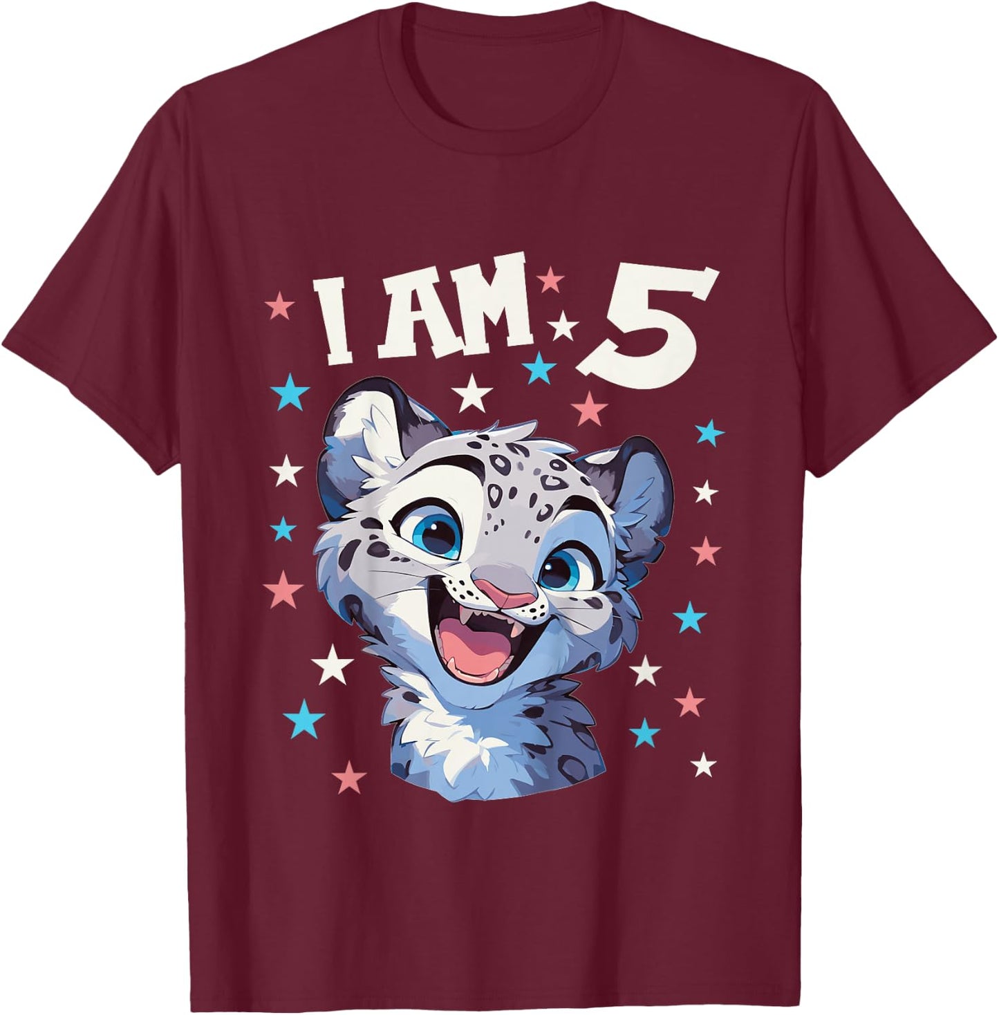 Kids 5 Years old 5 birthday Snow Leopards Boy girl Snow Leopard T-Shirt - T-Shirt | Maroon