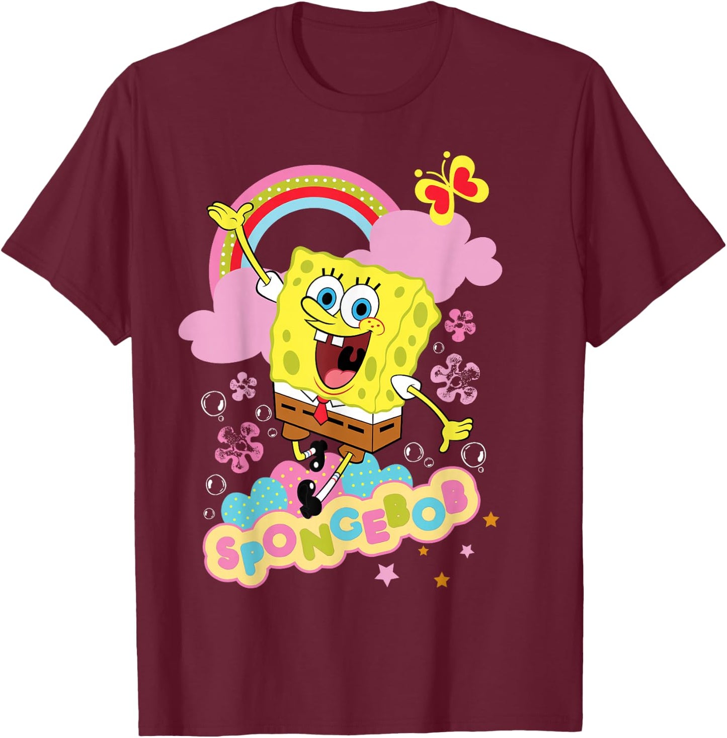 Spongebob Schwammkopf Blumen und Regenbogen T-Shirt - T-Shirt | Maroon
