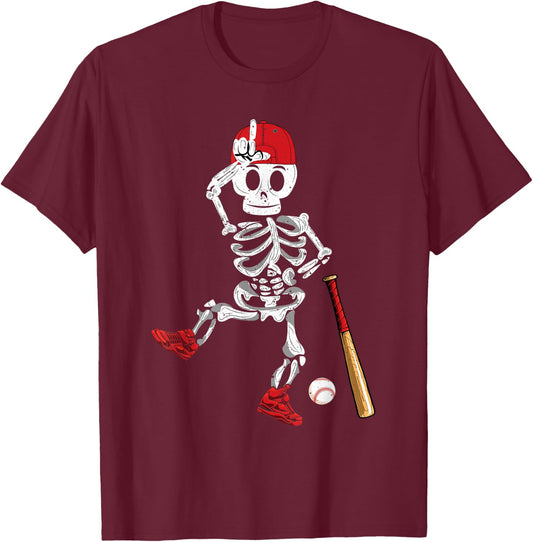Baseball Skeleton Halloween Funny Skeleton Baseball Playing T-Shirt - T-Shirt | Maroon