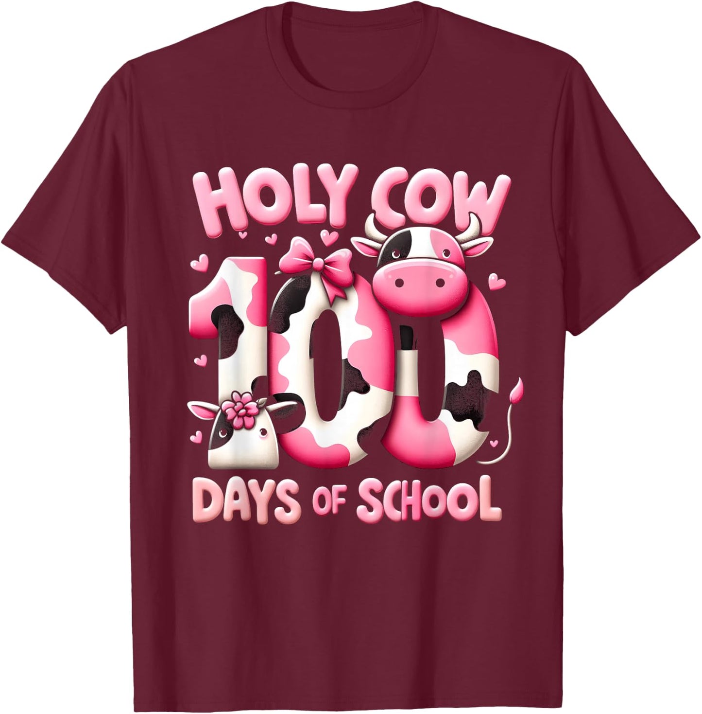 100th Day of School Pink Cow 100 Days of School Girl Teacher T-Shirt - T-Shirt | Maroon