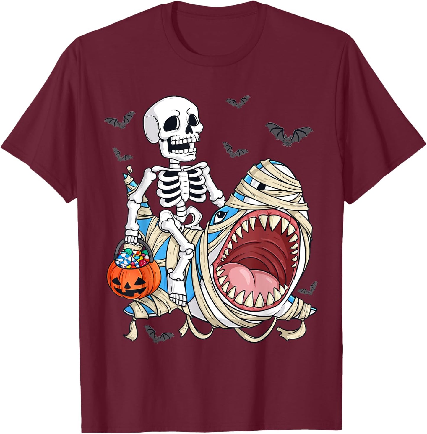 Skeleton Riding Mummy Shark Funny Halloween Pumpkin Kids T-Shirt - T-Shirt | Maroon