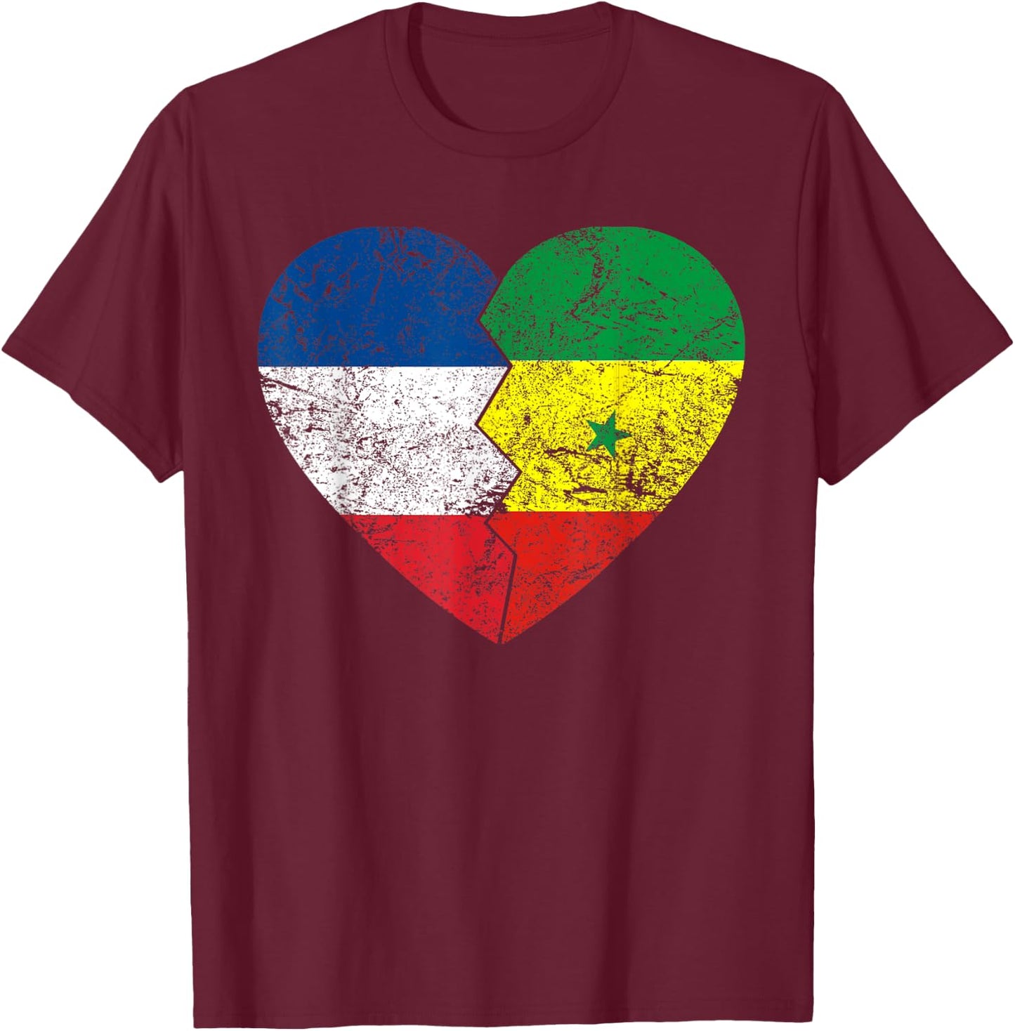 Senegalese Heart Flag | France Senegal Roots Vintage T-Shirt - T-Shirt | Maroon