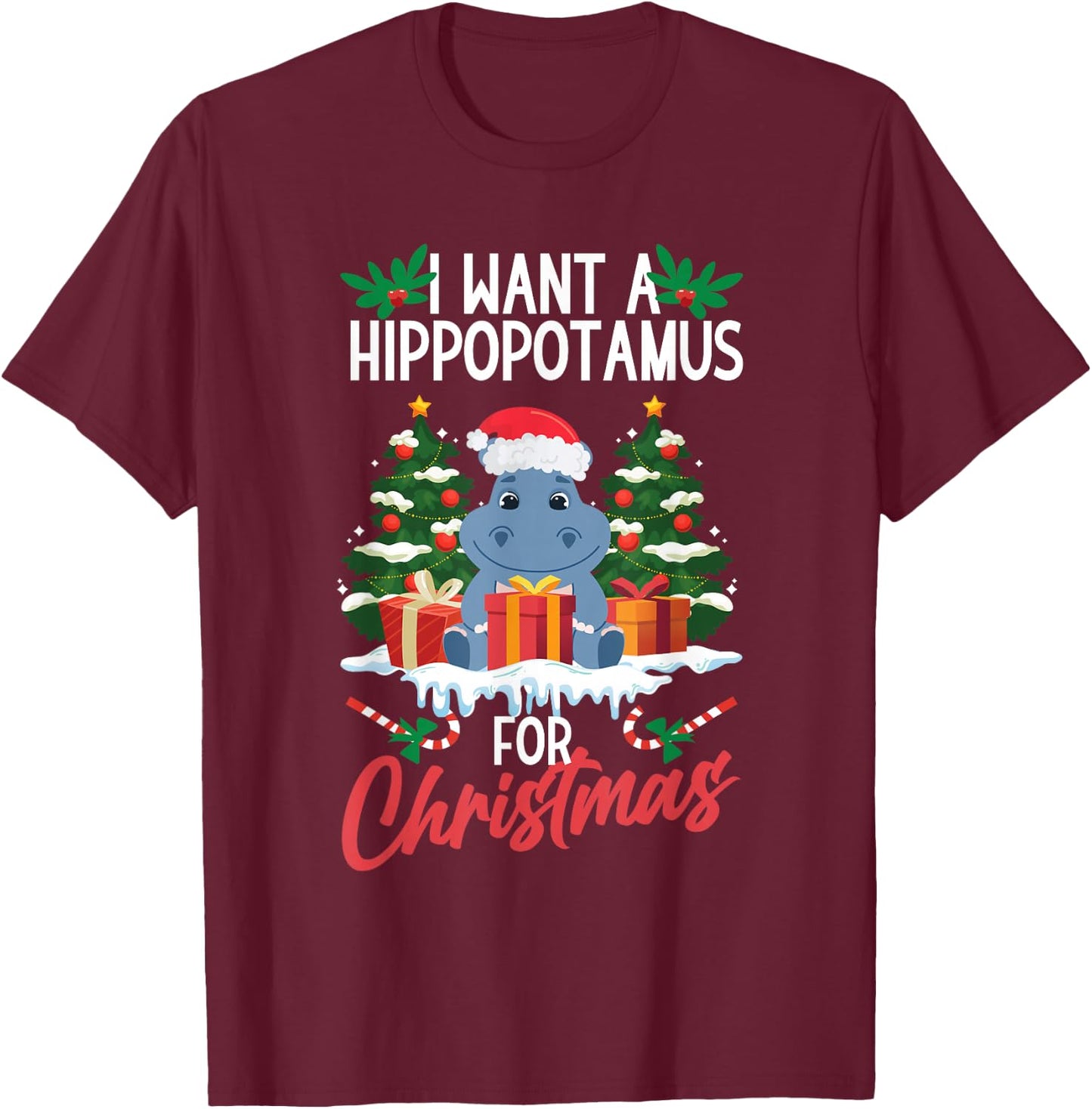 Hippopotamus Merry Christmas Santa Xmas Family Adults Kids T-Shirt - T-Shirt | Maroon