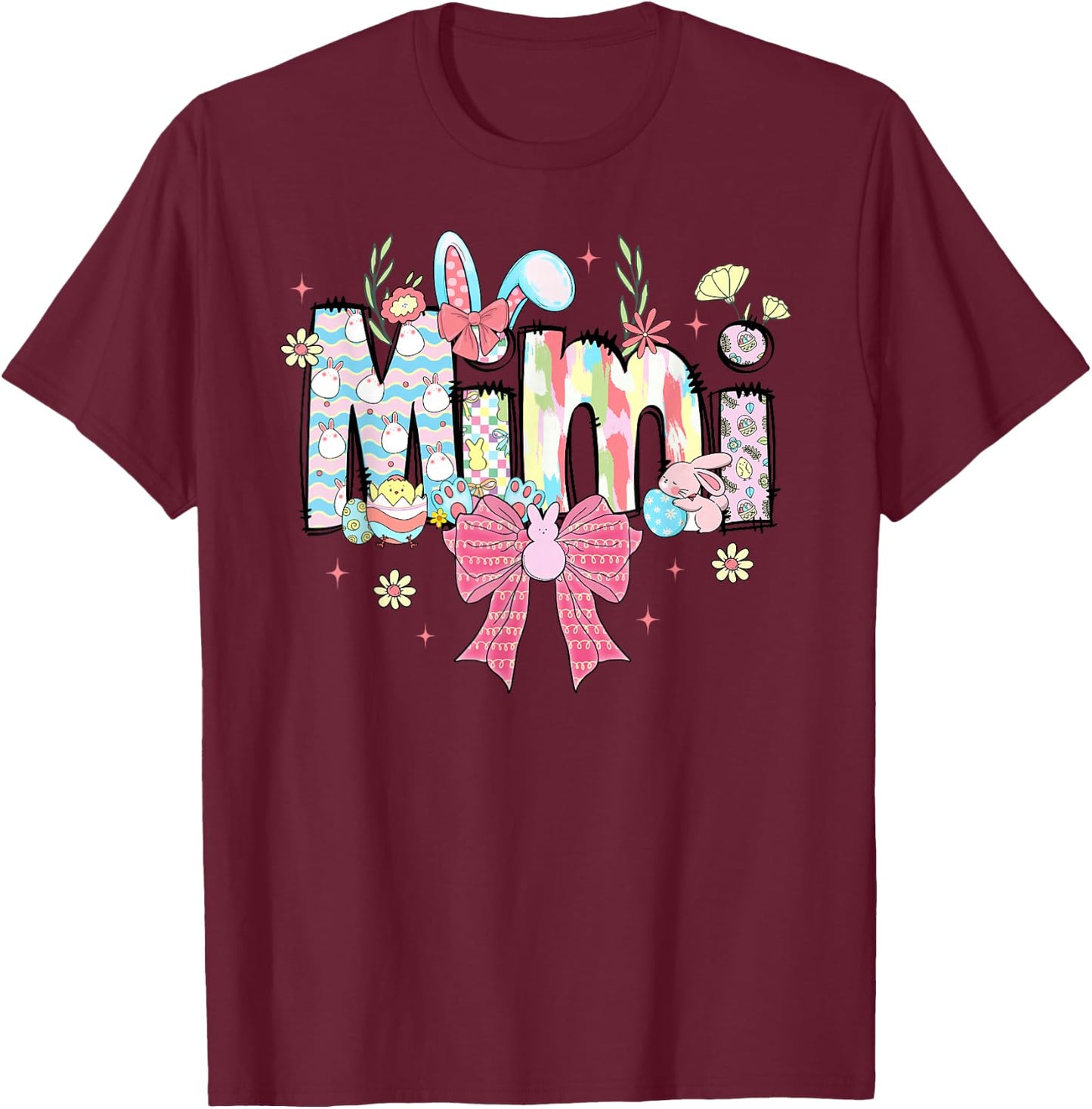 Mimi Easter Coquette Bow Happy Easter Bunny Rabbit T-Shirt - T-Shirt | Maroon
