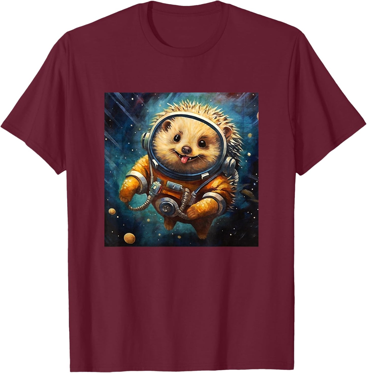 Colorful Sketch Oil Painting Of A Hedgehog In Space Funny T-Shirt - T-Shirt | Maroon