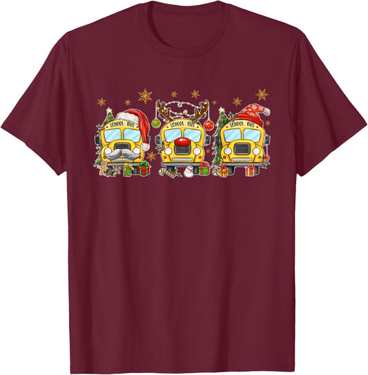 School Bus Christmas Lights Funny Bus Driver Xmas Santa Hat T-Shirt - T-Shirt | Maroon