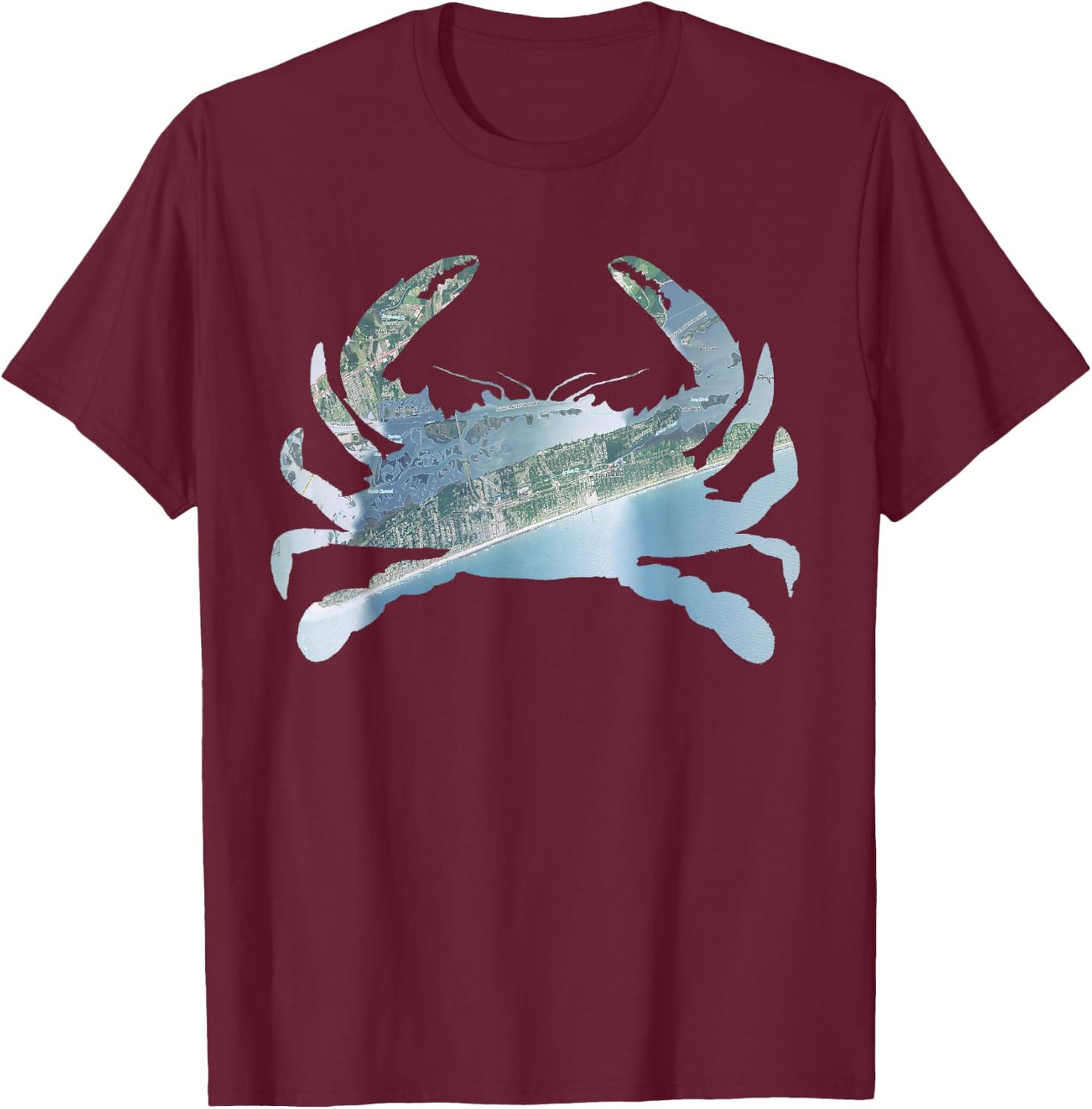 Emerald Isle NC Blue Crab Silhouette Satellite Map T-Shirt - T-Shirt | Maroon