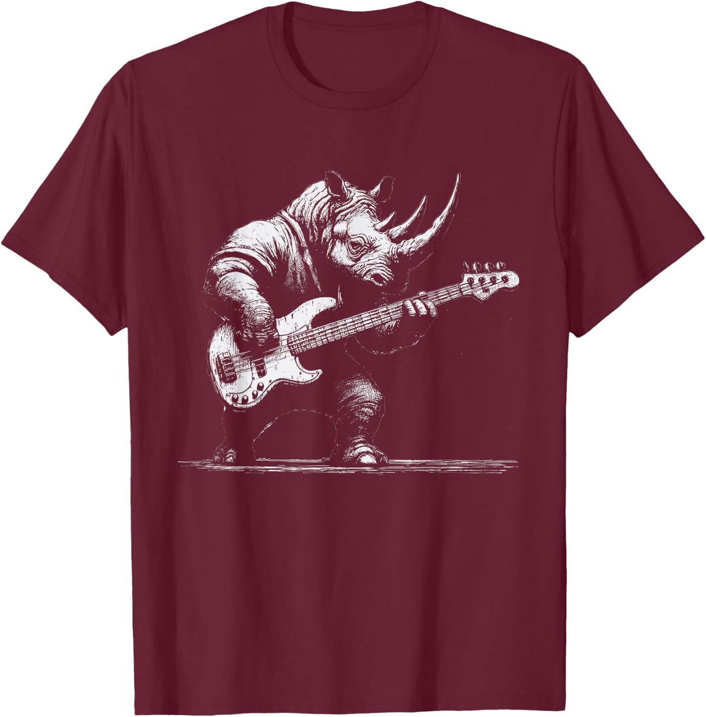 Rock Rhino Playing Bass Guitar - Funny Guitar Rhino Music T-Shirt - T-Shirt | Maroon