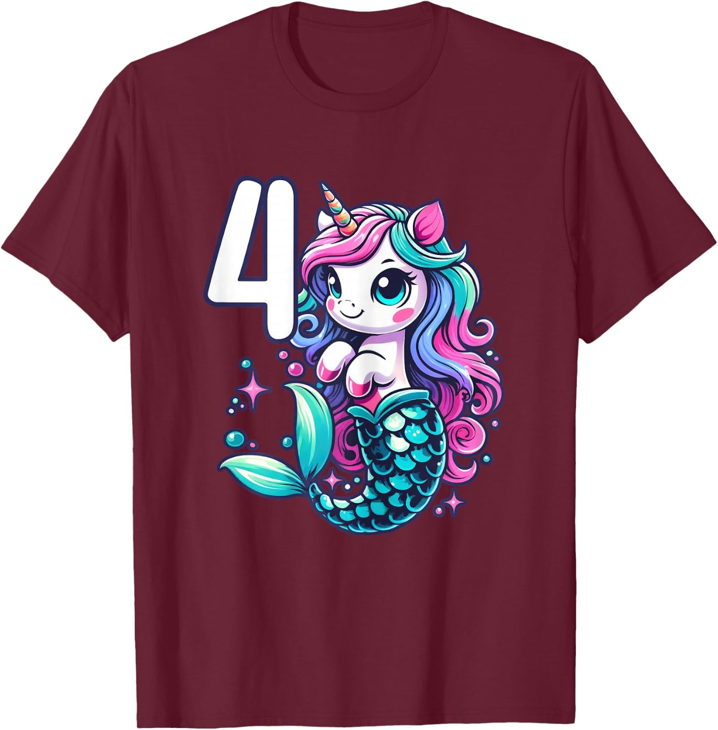 Unicorn Mermaid 4th Birthday 4 Year Old Party Girls Outfit T-Shirt - T-Shirt | Maroon