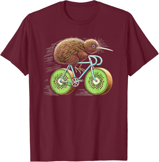 Kiwi Bird Riding Bicycle Funny Kiwi Fruit Wheels Bicycle , black T-Shirt - T-Shirt | Maroon