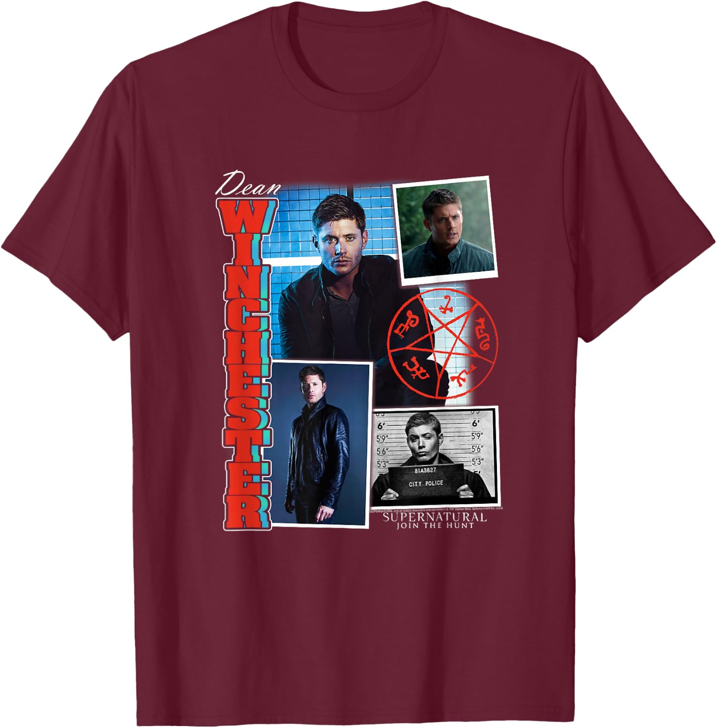 Ripple Junction Supernatural Dean Winchester Collage , Men's/ , Black, Small, Short Sleeve, Classic Fit, Cotton Blend, Licensed Merchandise, Collage Theme, Letter Print Pattern T-Shirt - T-Shirt | Maroon