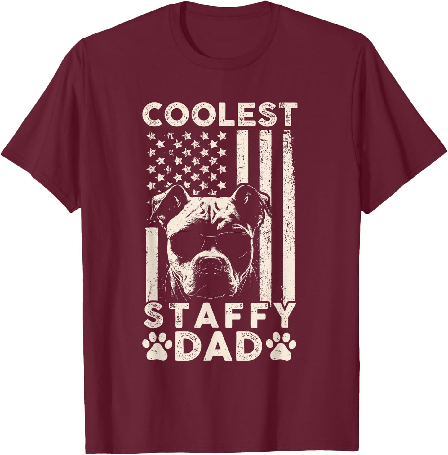 Coolest Staffy Dad Vintage American Flag Funny Fathers Day T-Shirt - T-Shirt | Maroon