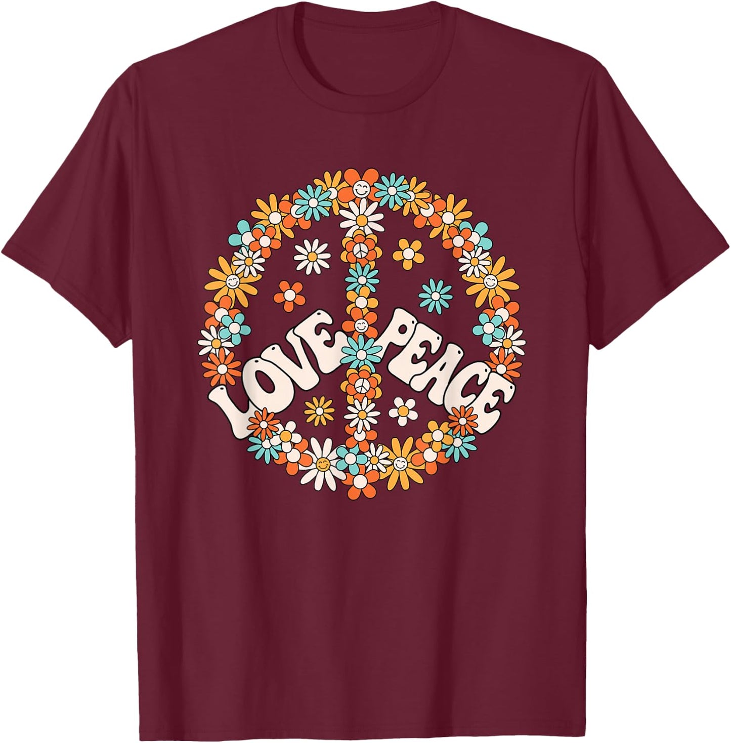 60s 70s Hippie Love Peace Groovy Party Outfit Retro , black T-Shirt - T-Shirt | Maroon