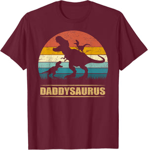 Daddy Dinosaur Daddysaurus 2 Two Kids Funny Father's Day dad T-Shirt - T-Shirt | Maroon