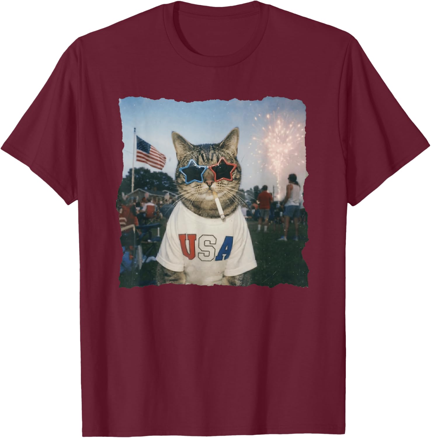 Patriotic Cat Wears USA 4th of July T-Shirt - T-Shirt | Maroon