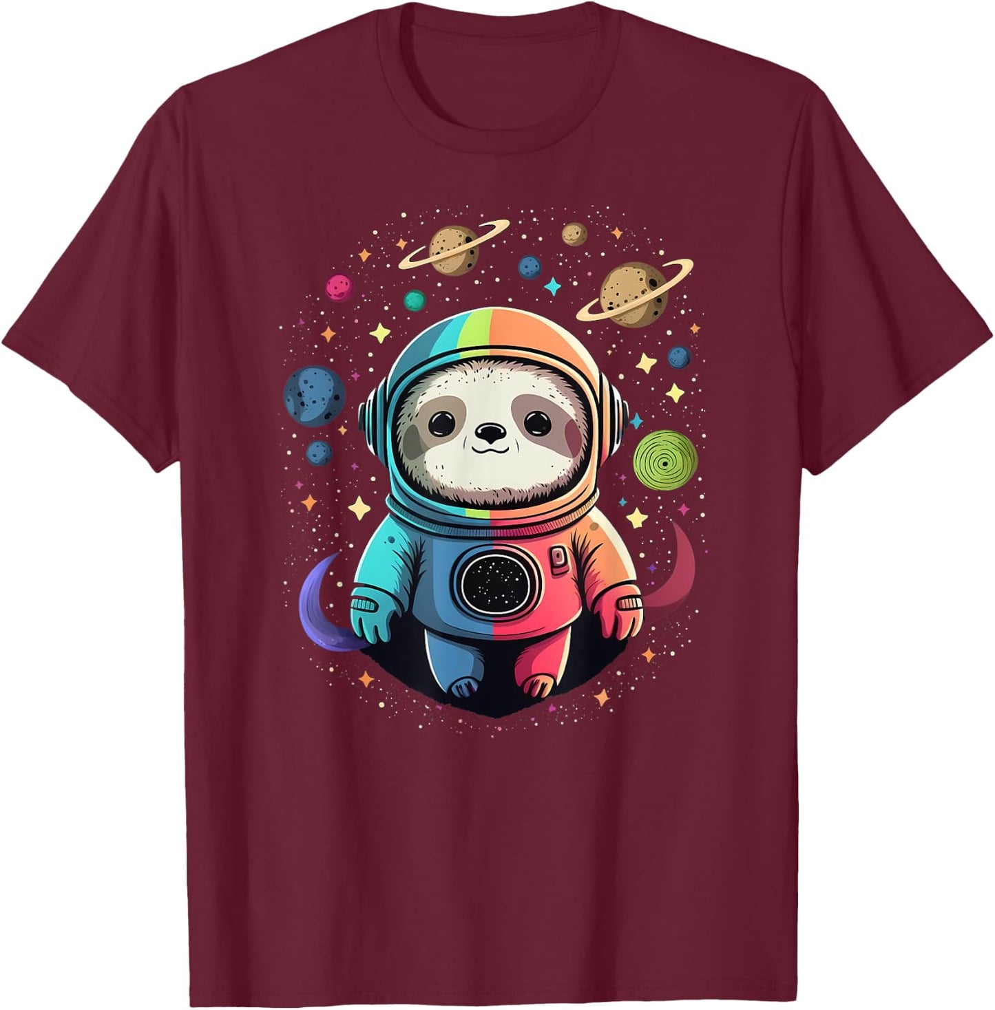 Cute Kawaii Sloth Astronaut in Outer Space Cosmic Colors T-Shirt - T-Shirt | Maroon