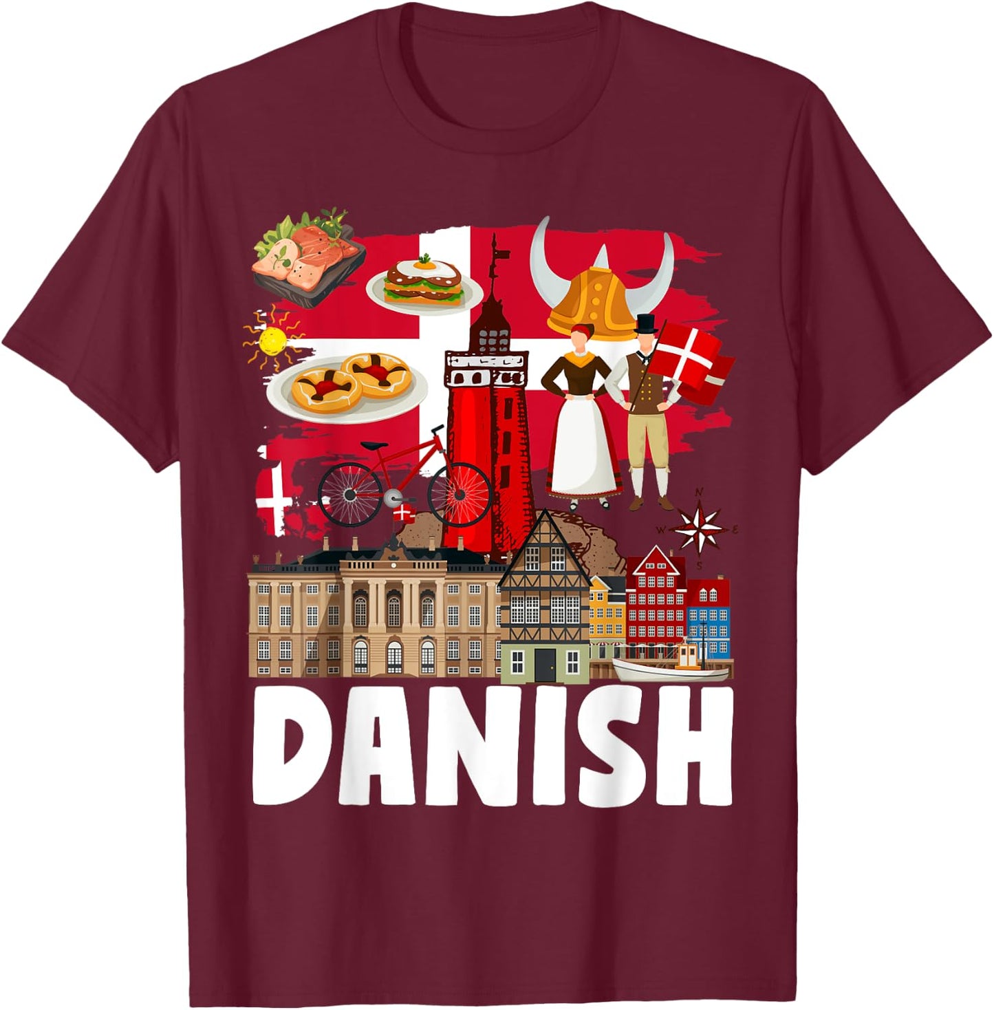 Danish Flag Outfit Idea For Kids Denmark Flag & Danish Food T-Shirt - T-Shirt | Maroon