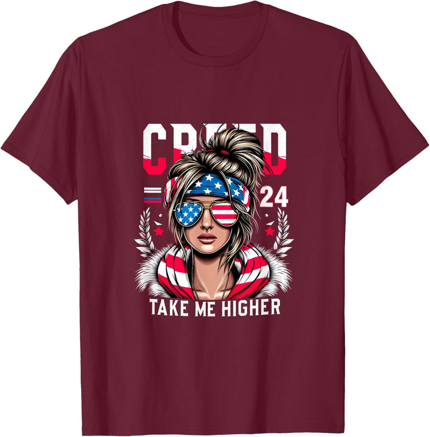 Creed '24 Take Me Higher Kamala Harris Election Messy Bun T-Shirt - T-Shirt | Maroon