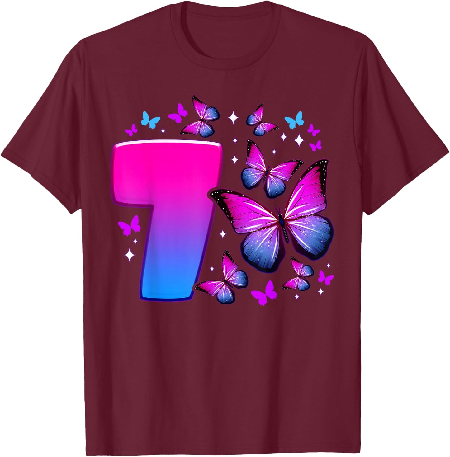 Birthday Girl 7 Years Old Butterfly Number 7 , black T-Shirt - T-Shirt | Maroon
