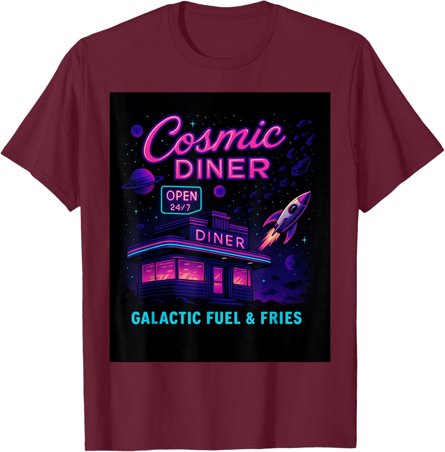 Cosmic Diner Retro Space Diner Galactic Fuel Fries Rocket T-Shirt - T-Shirt | Maroon