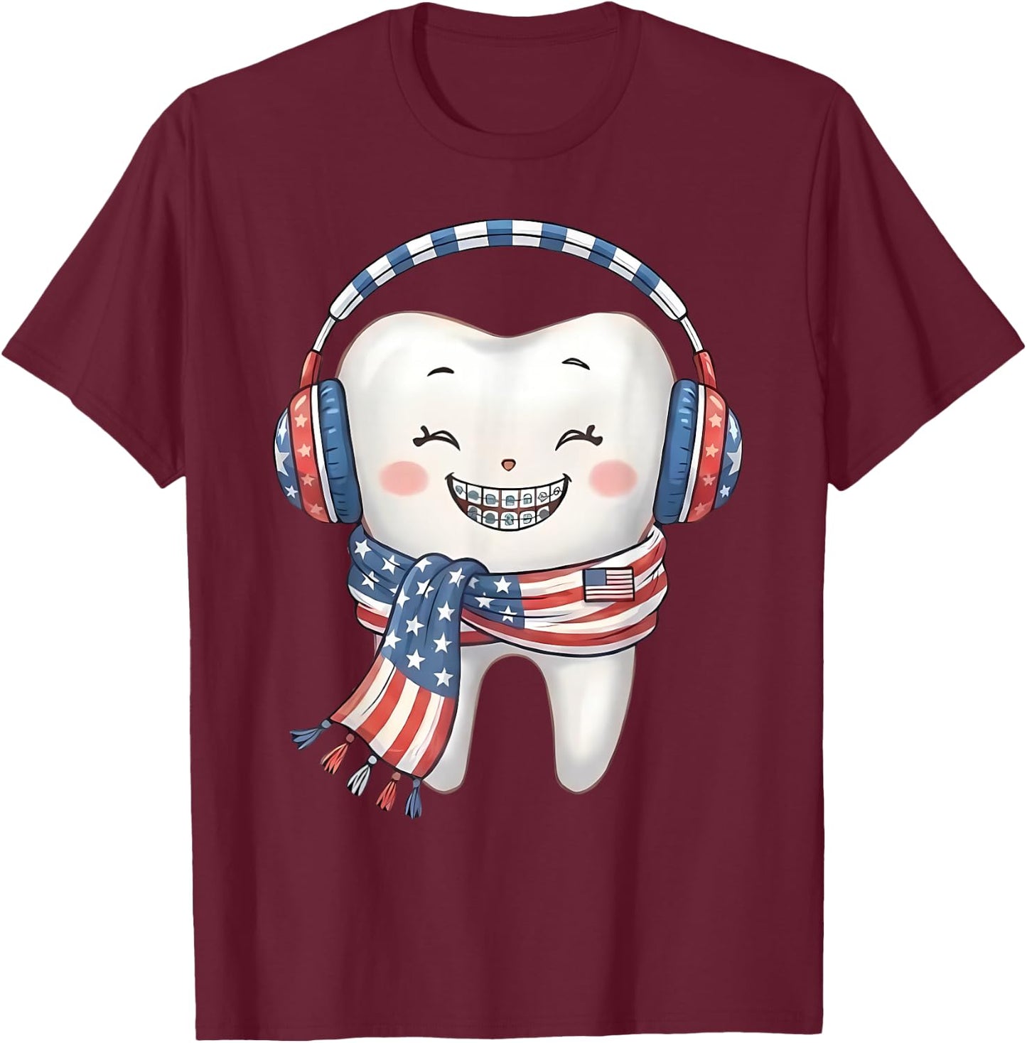 Patriotic USA Flag Molar Tooth 4th July Braces Orthodontist T-Shirt - T-Shirt | Maroon