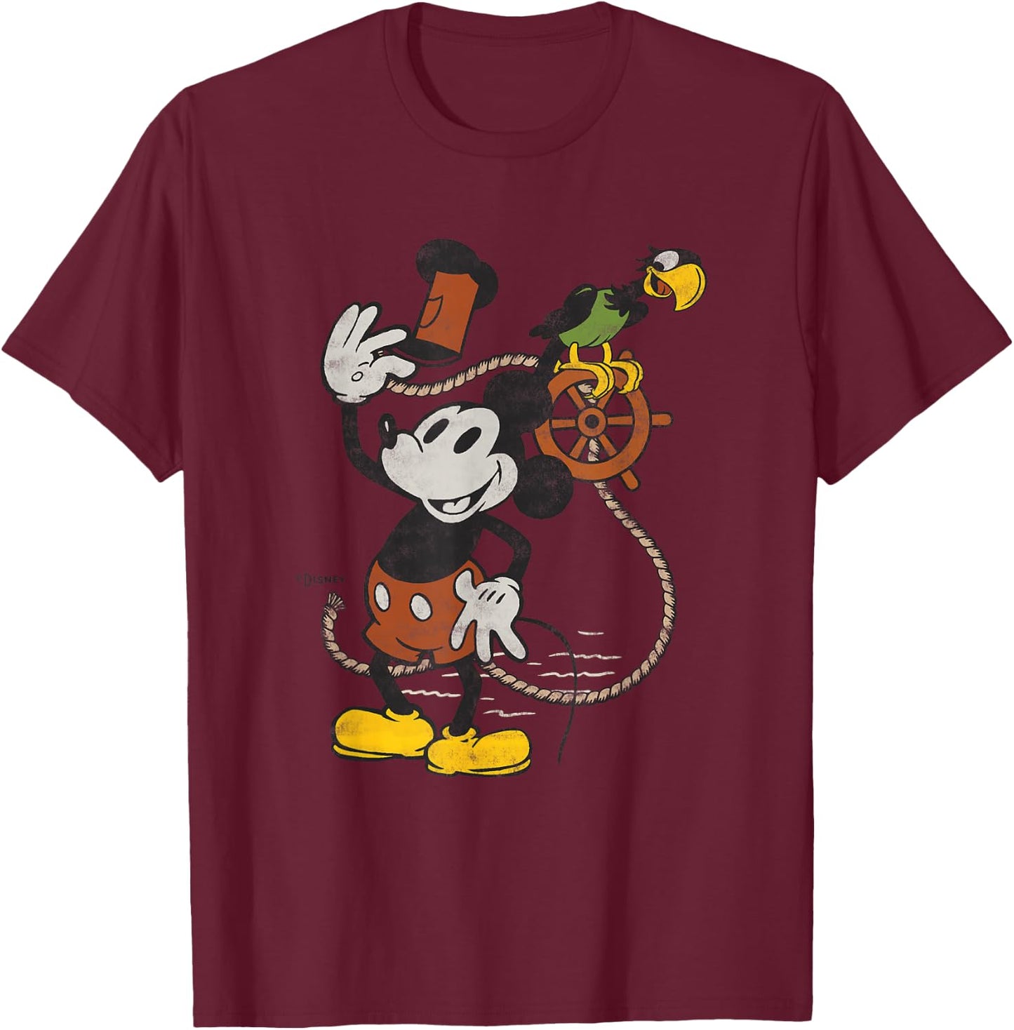 Disney 100 Mickey Mouse Steamboat Willie and Parrot D100 T-Shirt - T-Shirt | Maroon