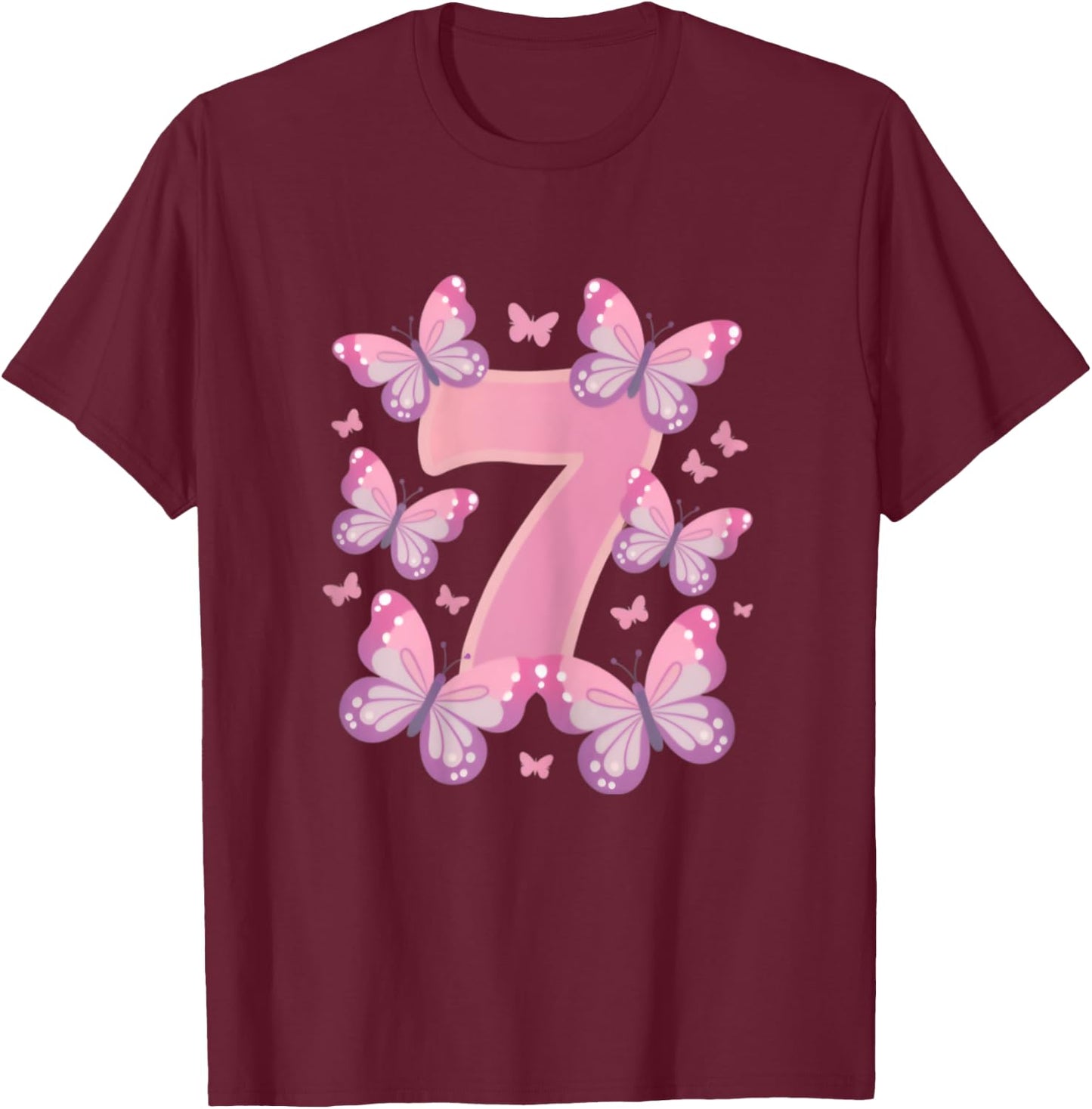 7th Birthday Girl 7th Birthday Butterflies 7 Years , black T-Shirt - T-Shirt | Maroon