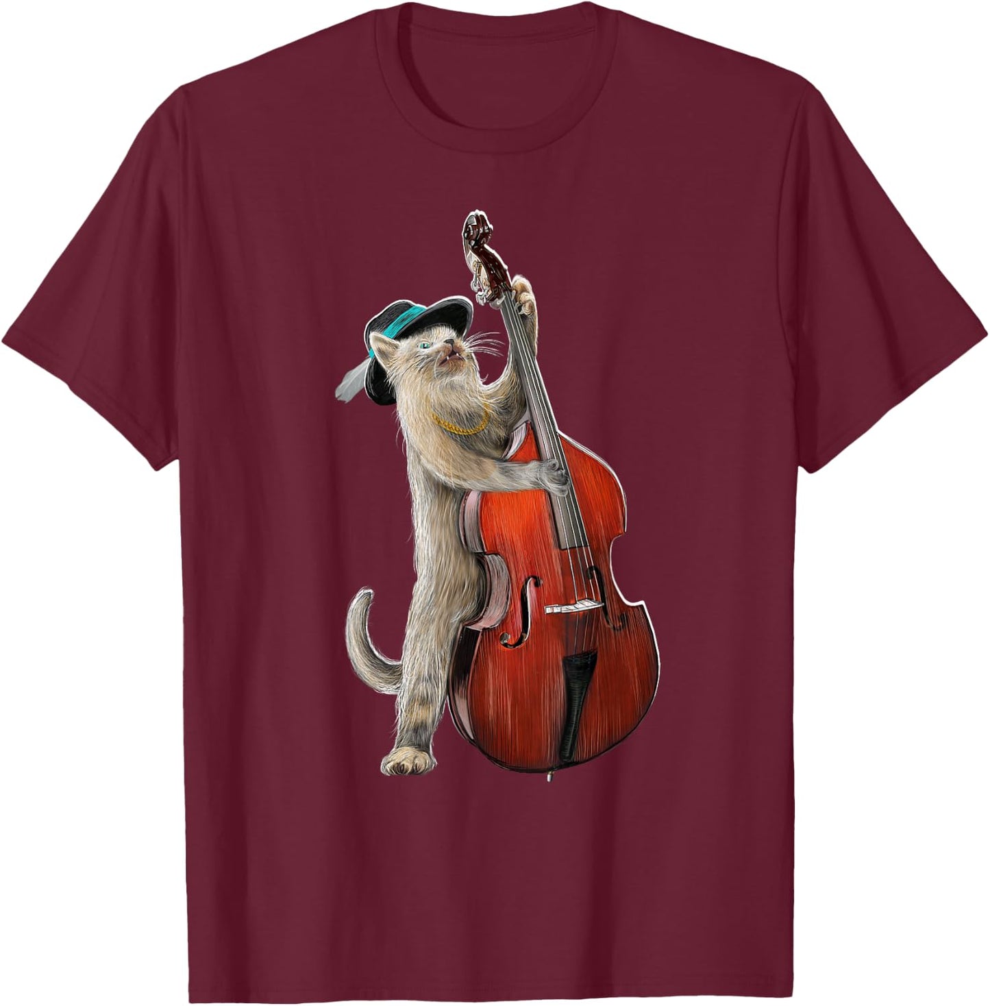 Bass Kitten Upright Double Guitarist Guitar Kitty Music Cat T-Shirt - T-Shirt | Maroon