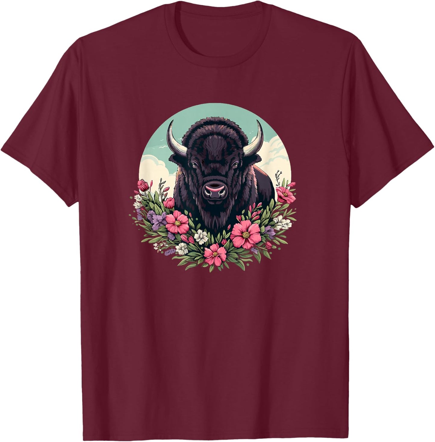 Girls Old West Retro Vintage Floral Buffalo Lover T-Shirt - T-Shirt | Maroon