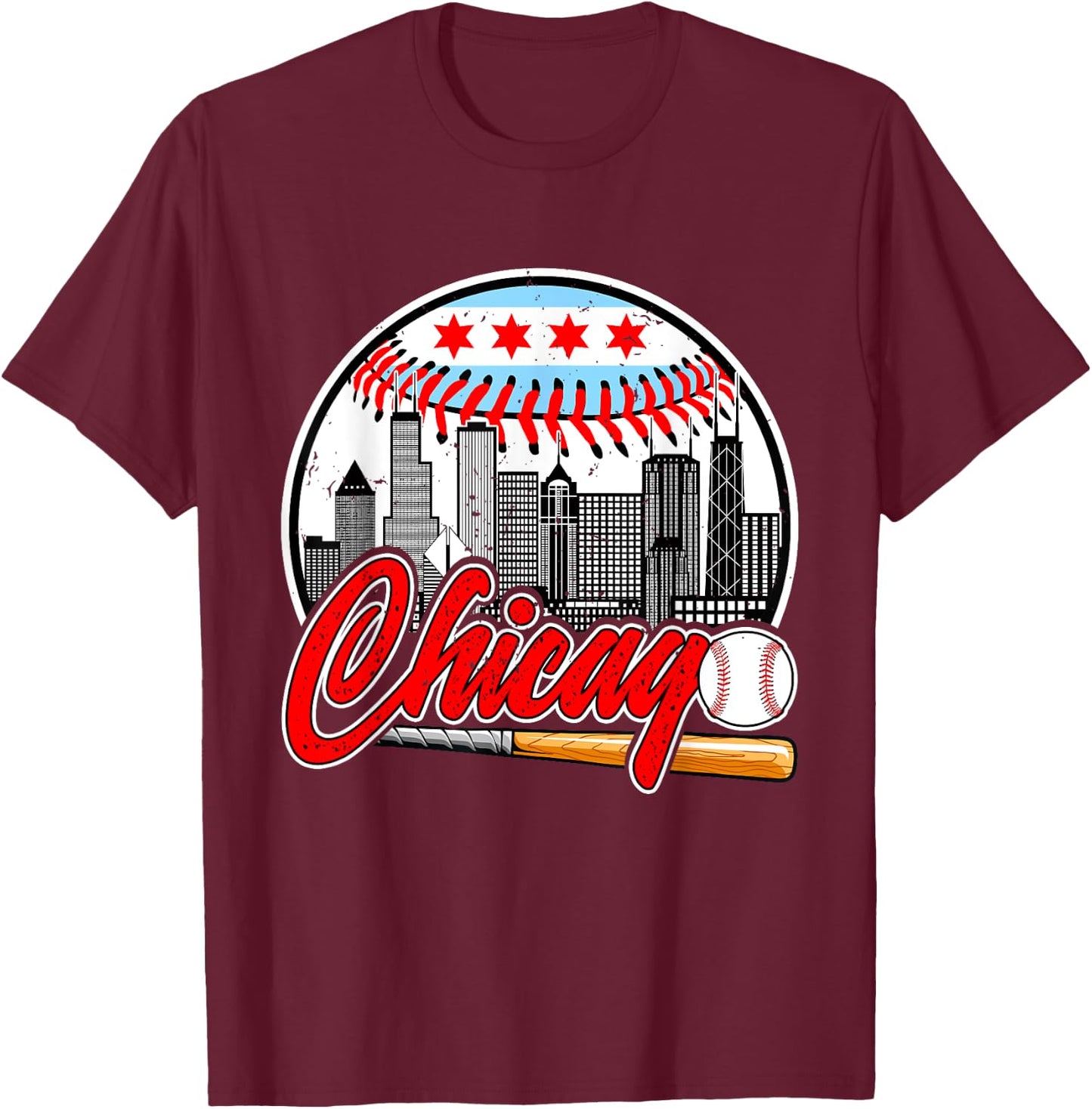 Vintage Chicago Design Funny Baseball Lover Player T-Shirt - T-Shirt | Maroon