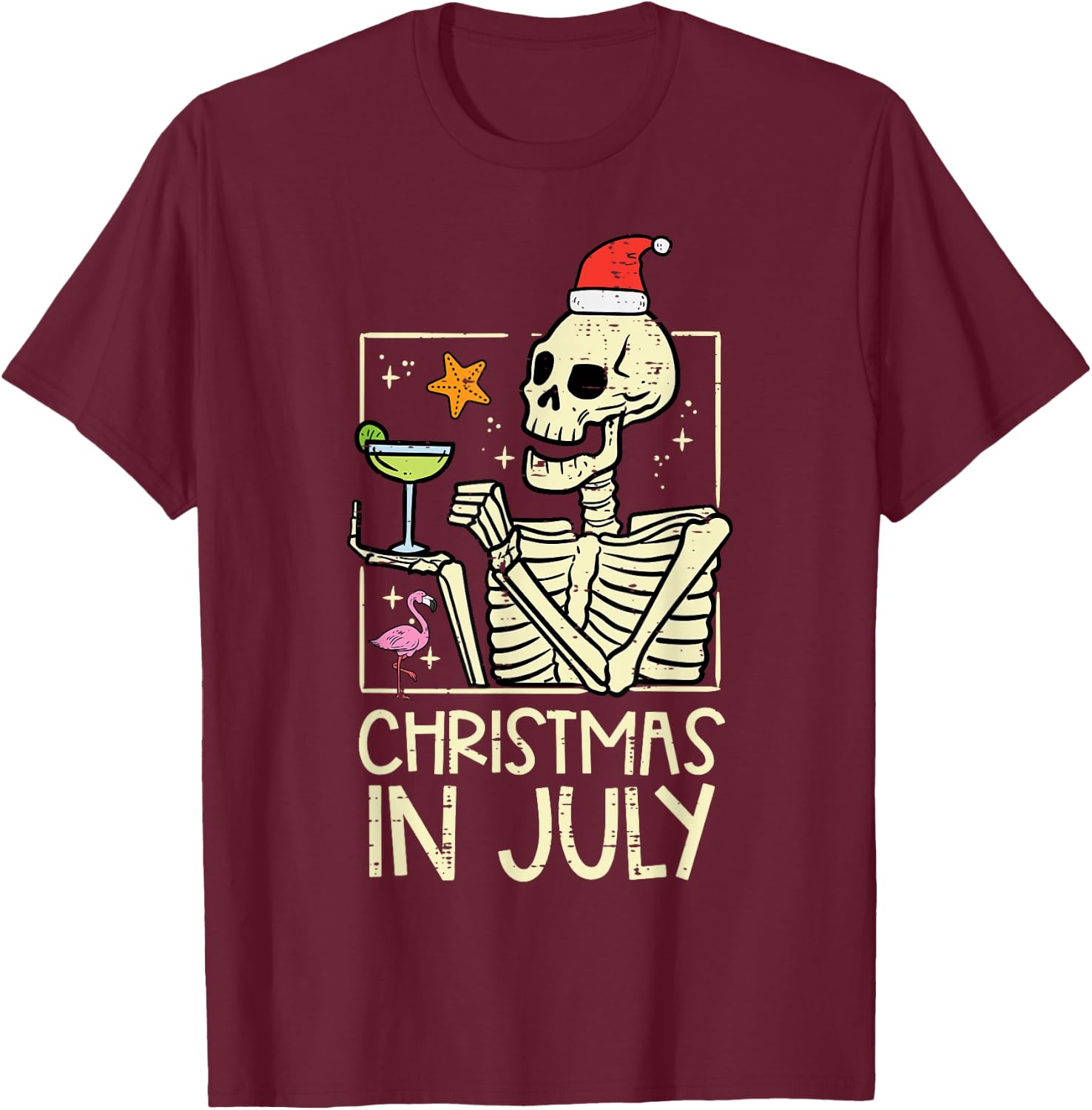 Christmas July Skeleton Flamingo Funny Summer Xmas Women Men T-Shirt - T-Shirt | Maroon