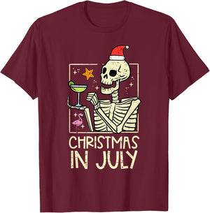 Christmas July Skeleton Flamingo Funny Summer Xmas Women Men T-Shirt - T-Shirt | Maroon
