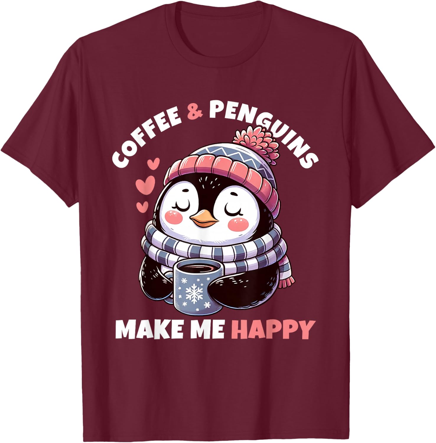 Coffee and Penguins Design T-Shirt - T-Shirt | Maroon