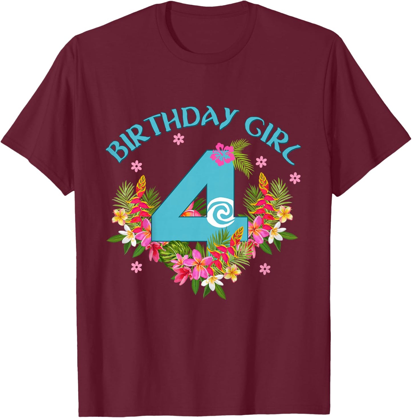 It's My 4th Birthday Floral Flower Hawaii 4 Year Old Girl T-Shirt - T-Shirt | Maroon