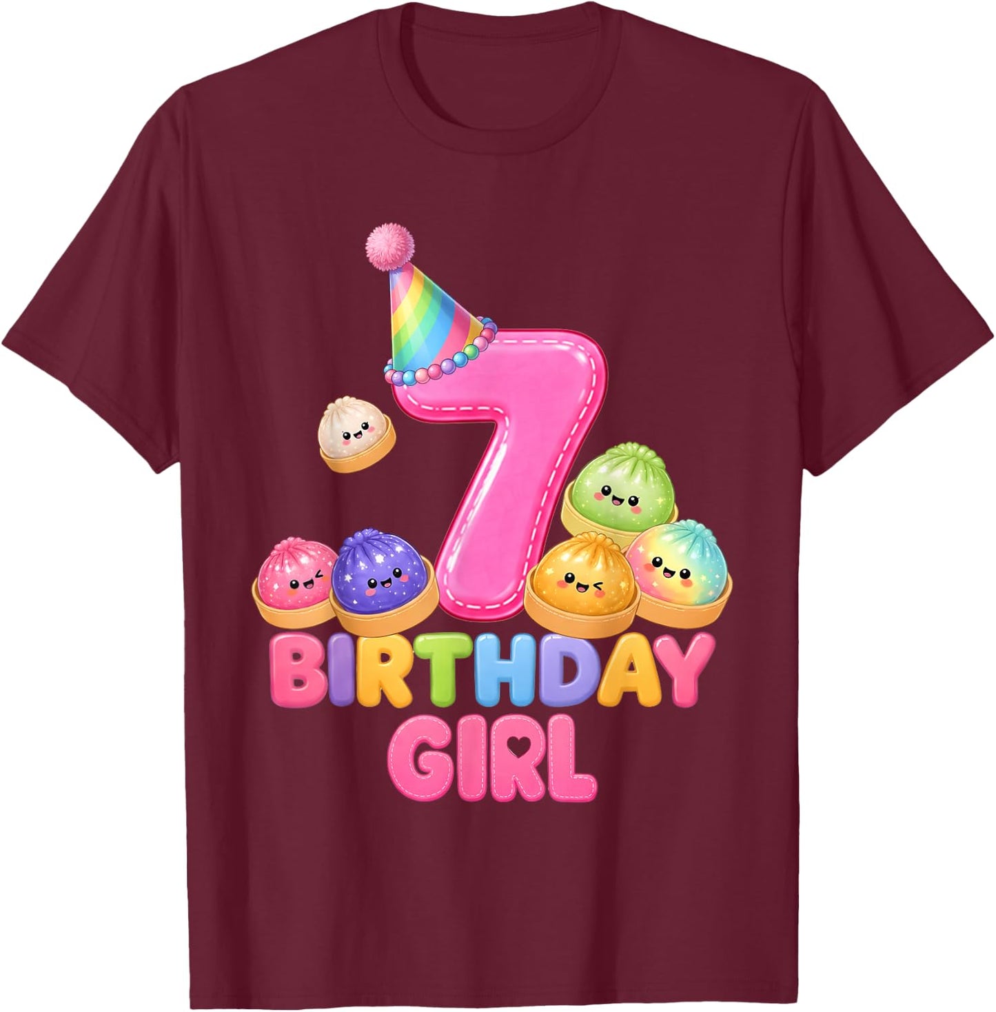 Kawaii Squishy Dumpling Lover Girls 7th Birthday 7 Years Old T-Shirt - T-Shirt | Maroon