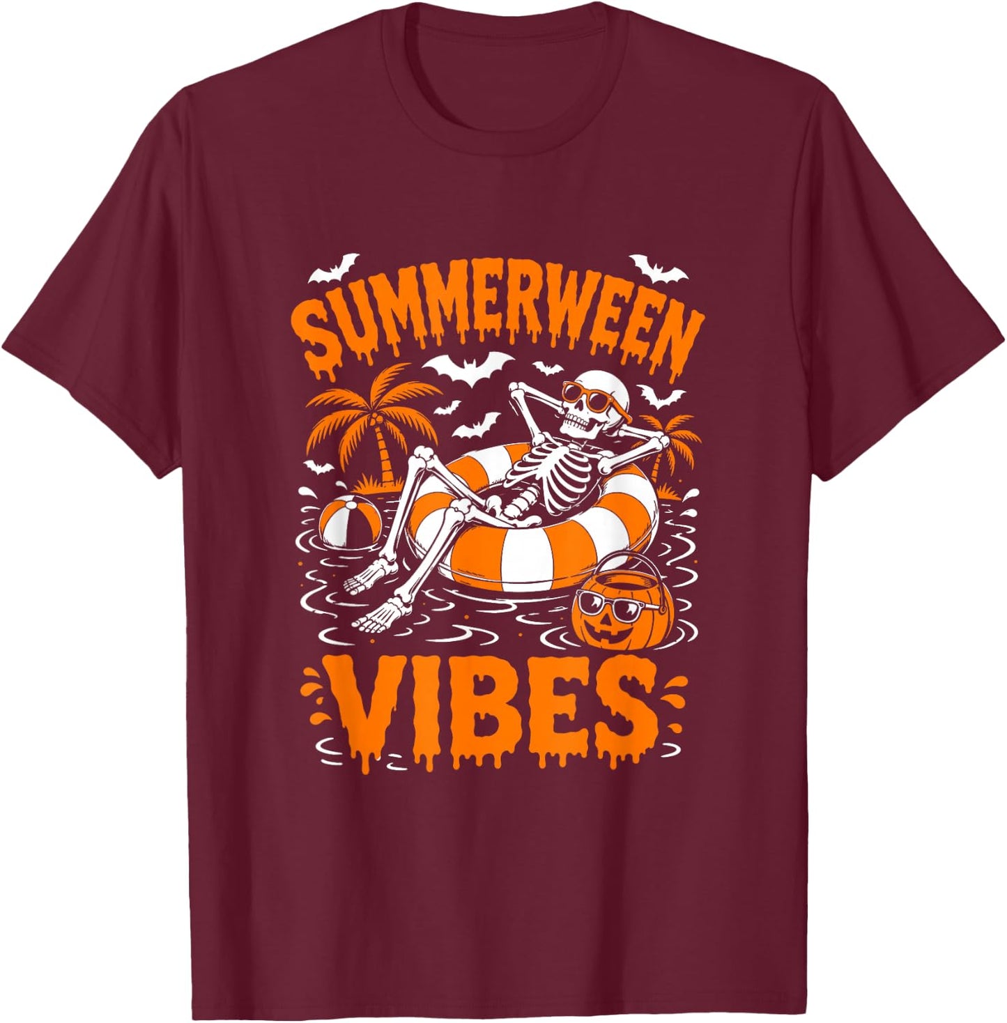 Summerween Vibes Skeleton Floating Pool Pumpkin Halloween T-Shirt - T-Shirt | Maroon