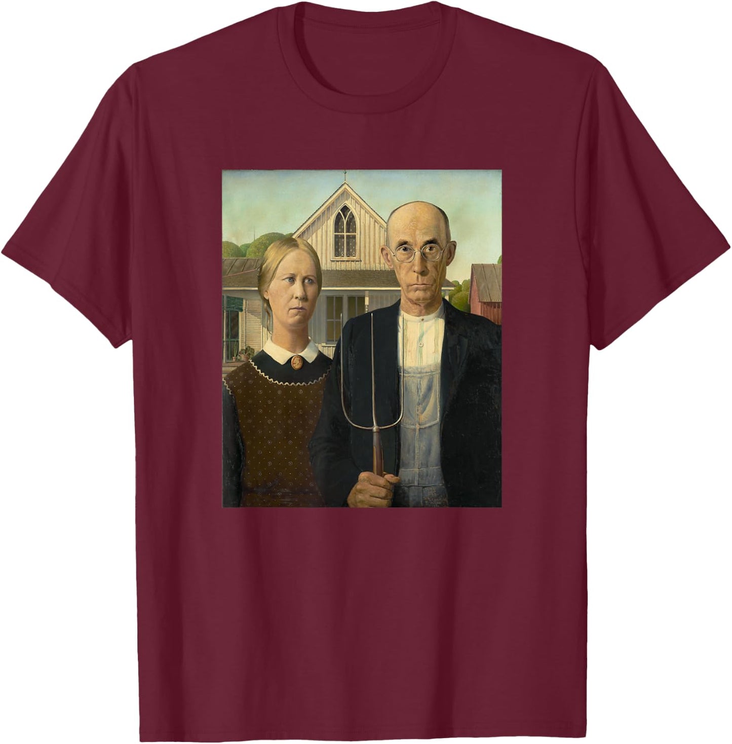 Grant Wood's American Gothic Fine Art Painting Farmers Farm T-Shirt - T-Shirt | Maroon