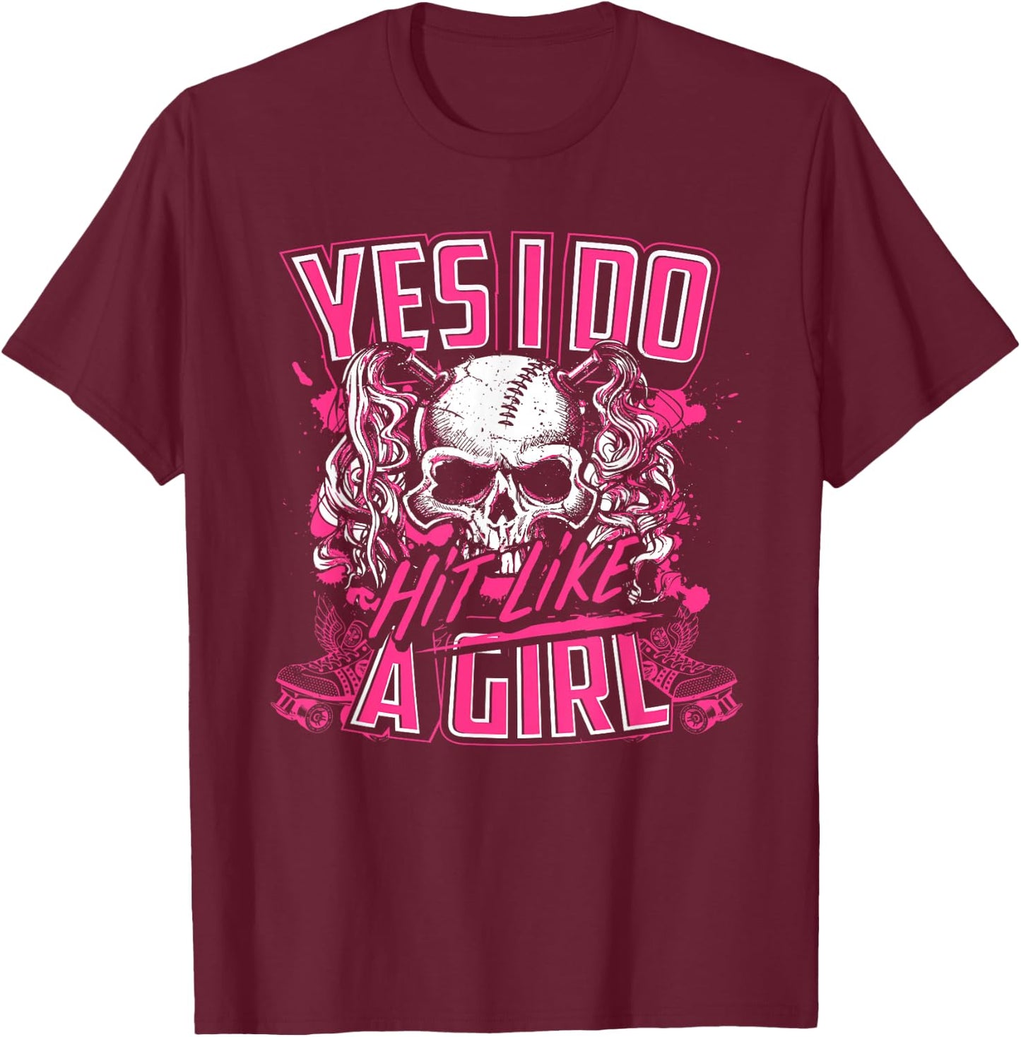 Yes I Do Hit Like A Girl Roller Derby Girl Skull T-Shirt - T-Shirt | Maroon