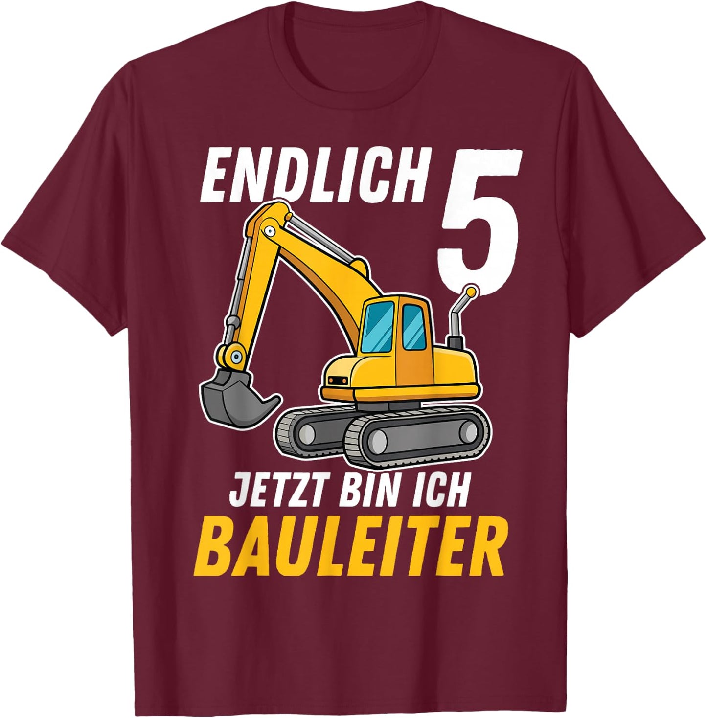 Children's 5th Birthday Boy Decoration Digger Birthday 5 Years , black T-Shirt - T-Shirt | Maroon