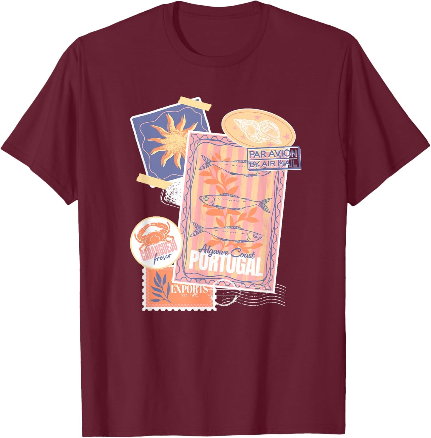Vintage Postcard and Stamp Aesthetic Collage Travel Vacation T-Shirt - T-Shirt | Maroon
