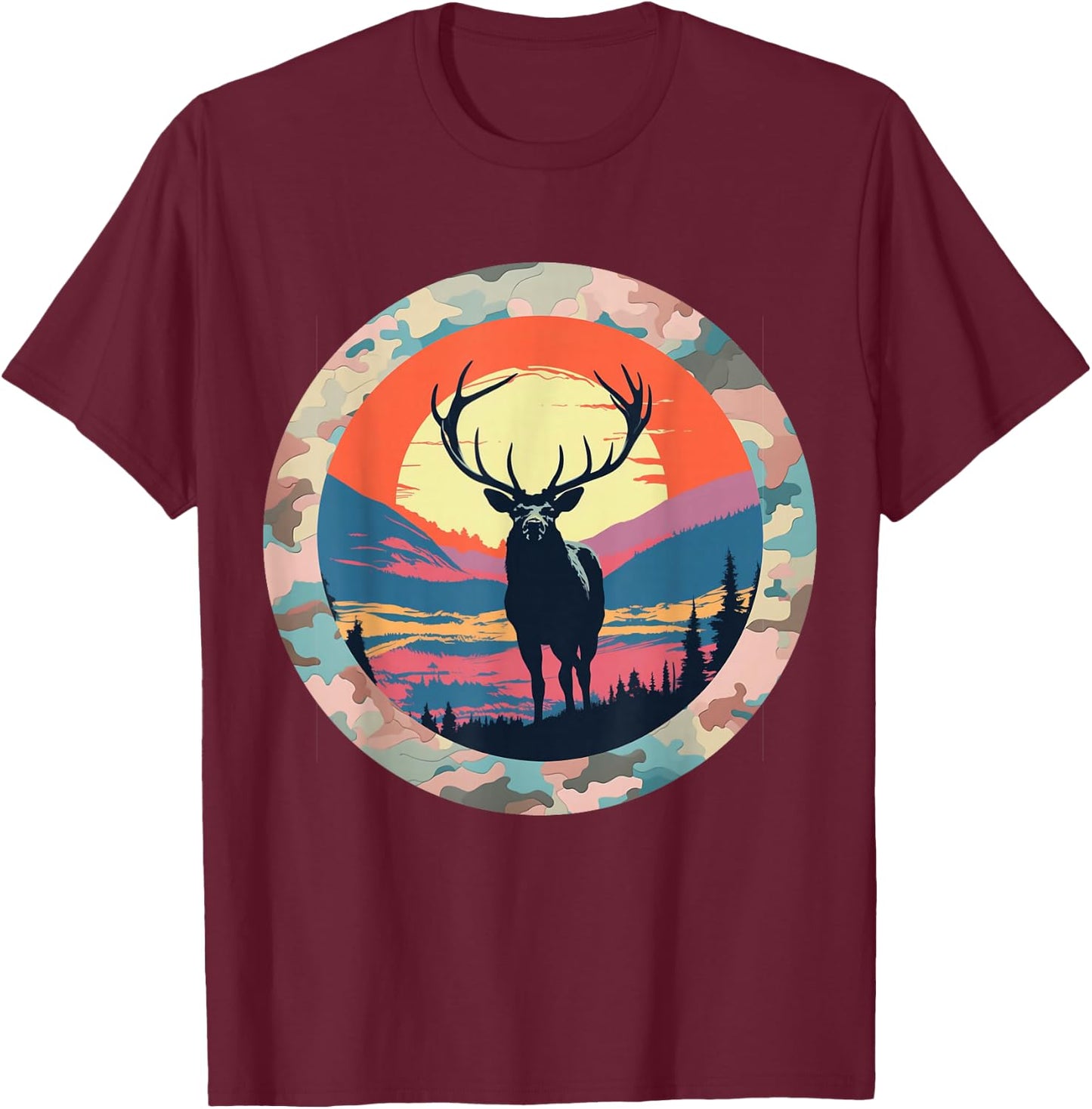 Elk Silhouette Under Full Moon – Nature at Night Wildlife T-Shirt - T-Shirt | Maroon