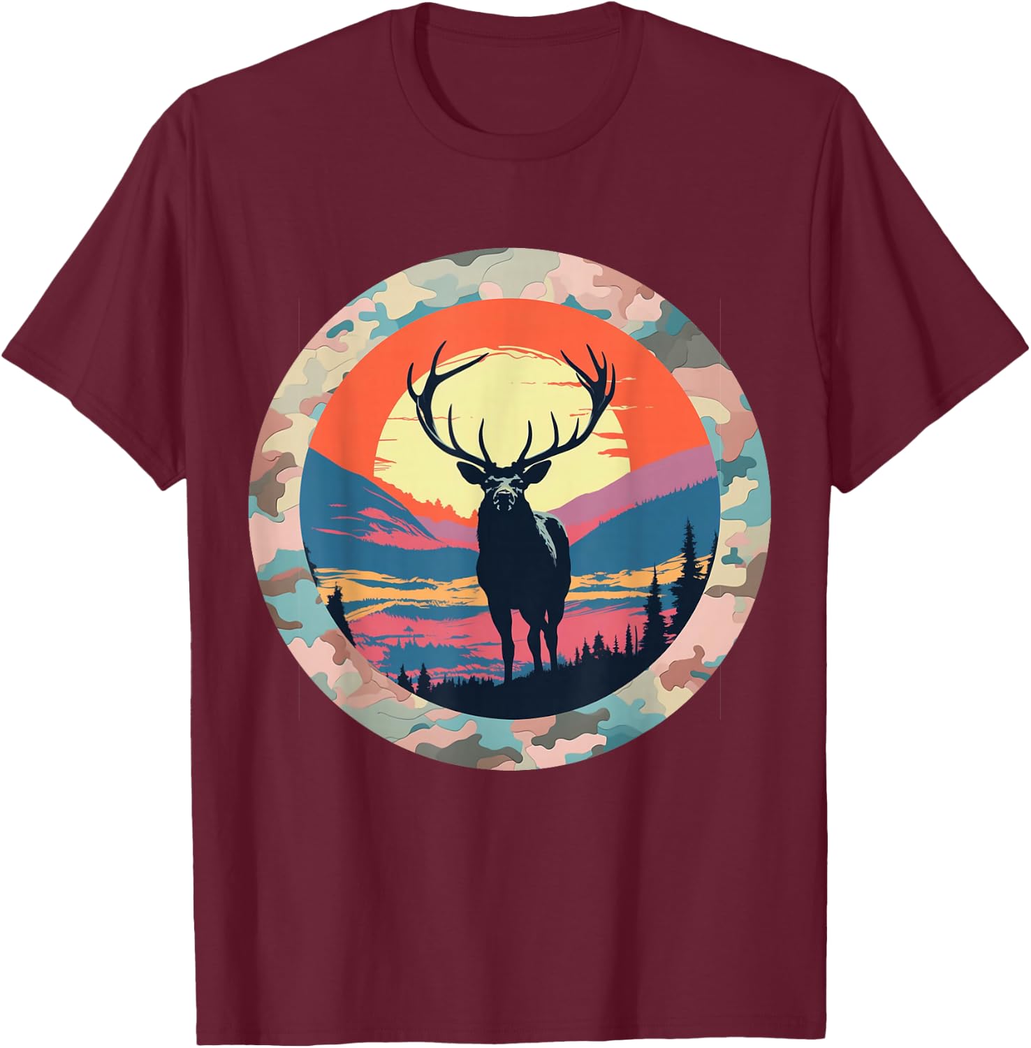 Elk Silhouette Under Full Moon – Nature at Night Wildlife T-Shirt - T-Shirt | Maroon